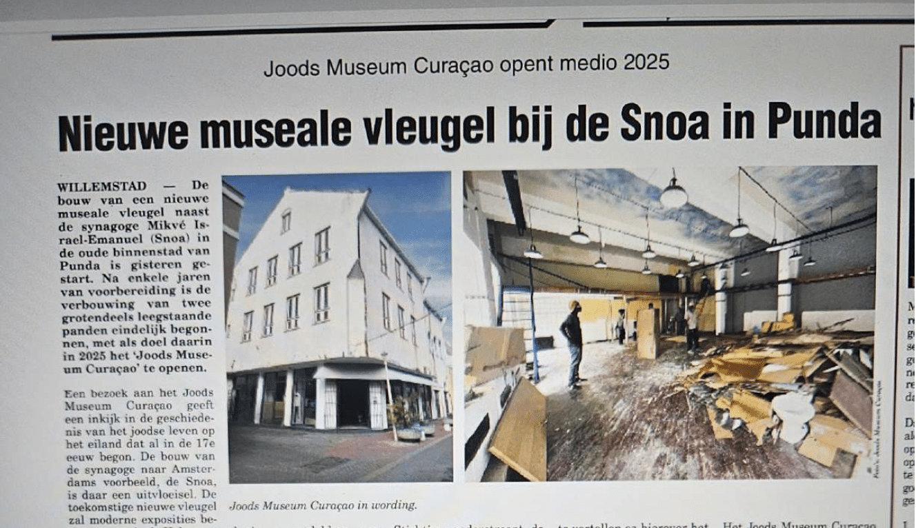 Newspaper clipping announcing the new wing of the Jewish Museum Curaçao opening in Punda in 2025.